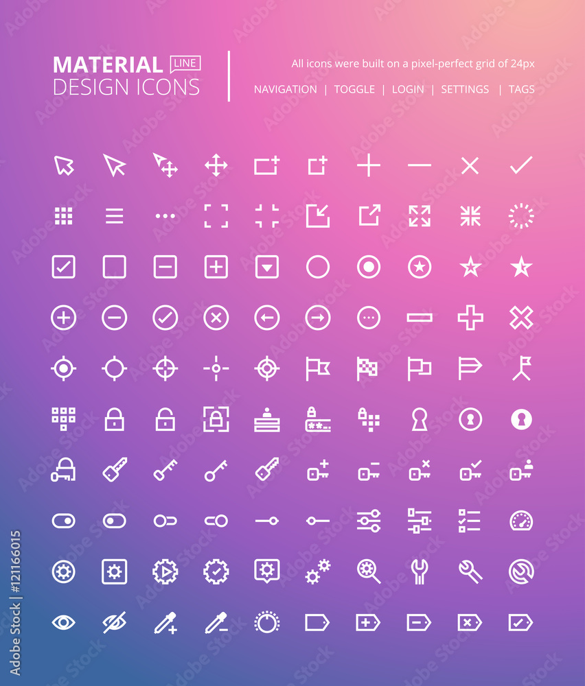 Set of material design line icons. Pixel perfect icons for navigation