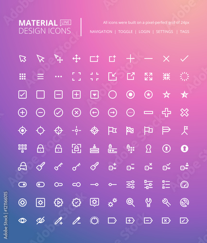 Set of material design line icons. Pixel perfect icons for navigation and setting, toggles and tags, web and app development.