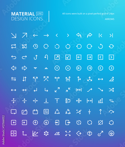 Set of material design line icons. Pixel perfect arrow icons for navigation, business and media apps, business management.