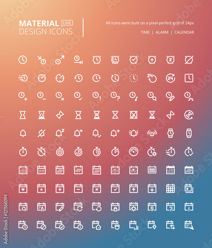 Set of material design line icons. Pixel perfect icons for time and date, calendar and news, schedule app, progress bar, business and marketing.