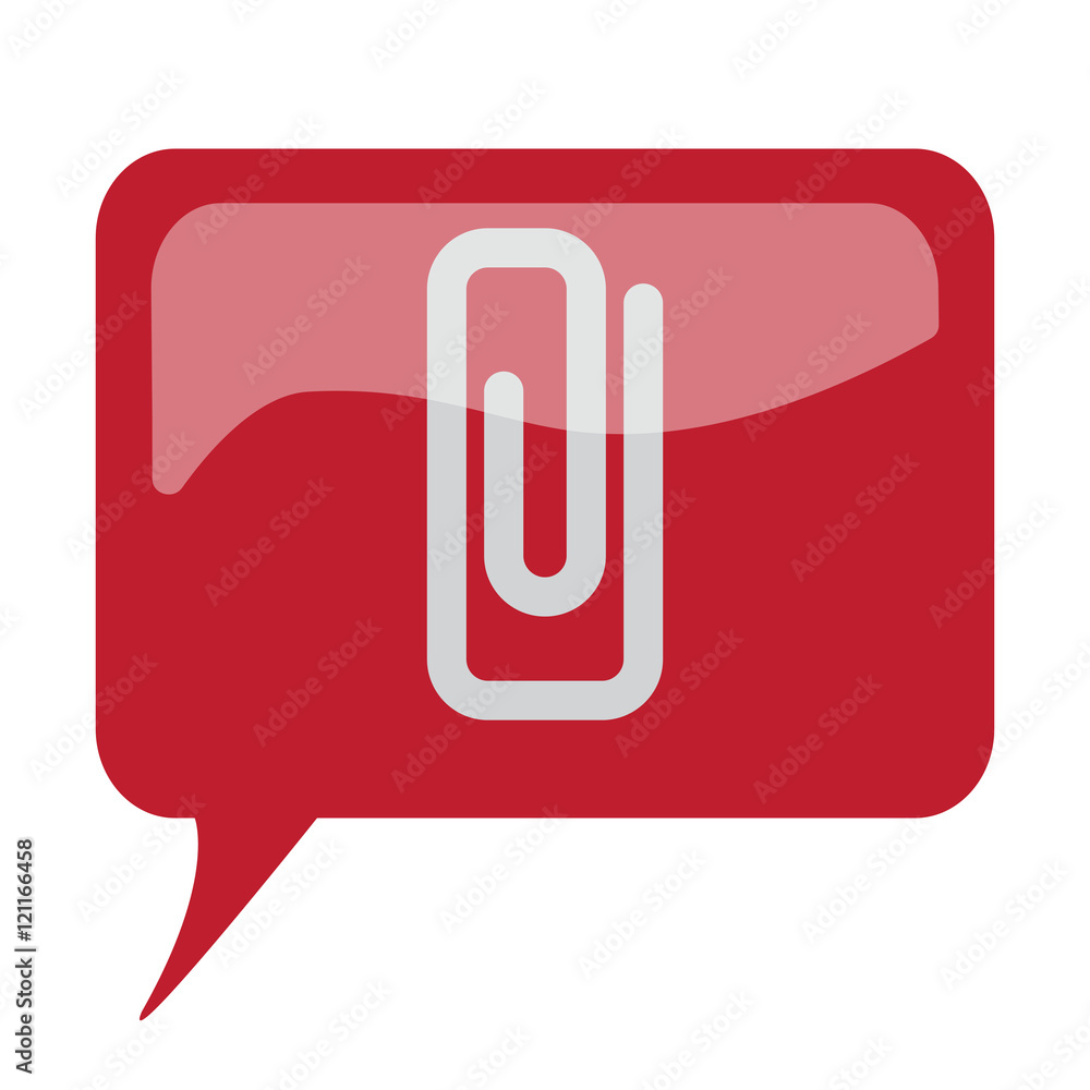 Red speech bubble with white Paper Clip icon on white background Red speech bubble with white Paper Clip icon on white background