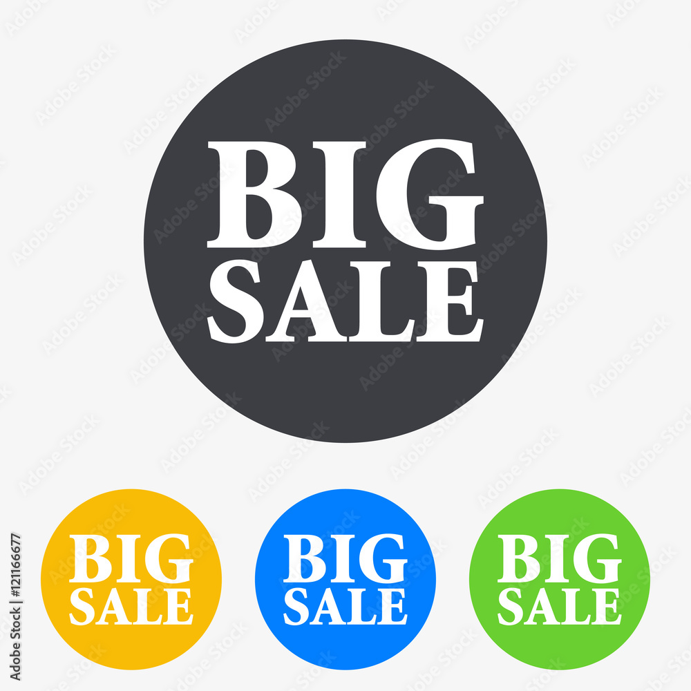 Icono plano texto BIG SALE en circulo varios colores Icono plano texto BIG SALE en circulo varios colores