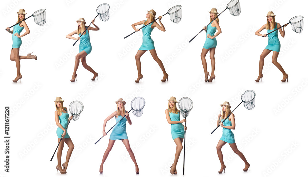 Woman with catching net isolated on white Woman with catching net isolated on white