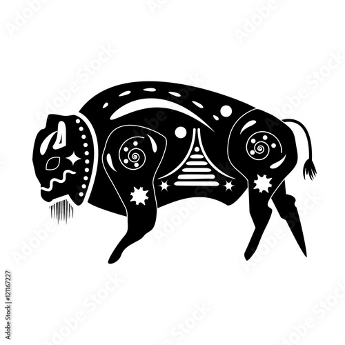 Silhouette of a black - white bull, buffalo, bison, pictured wit