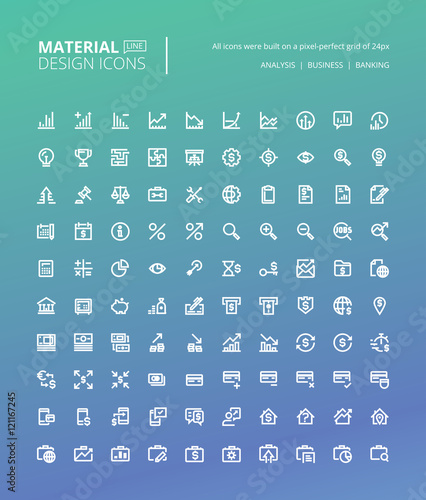 Set of material design line icons. Pixel perfect icons for finance and banking, money transaction, e-banking.