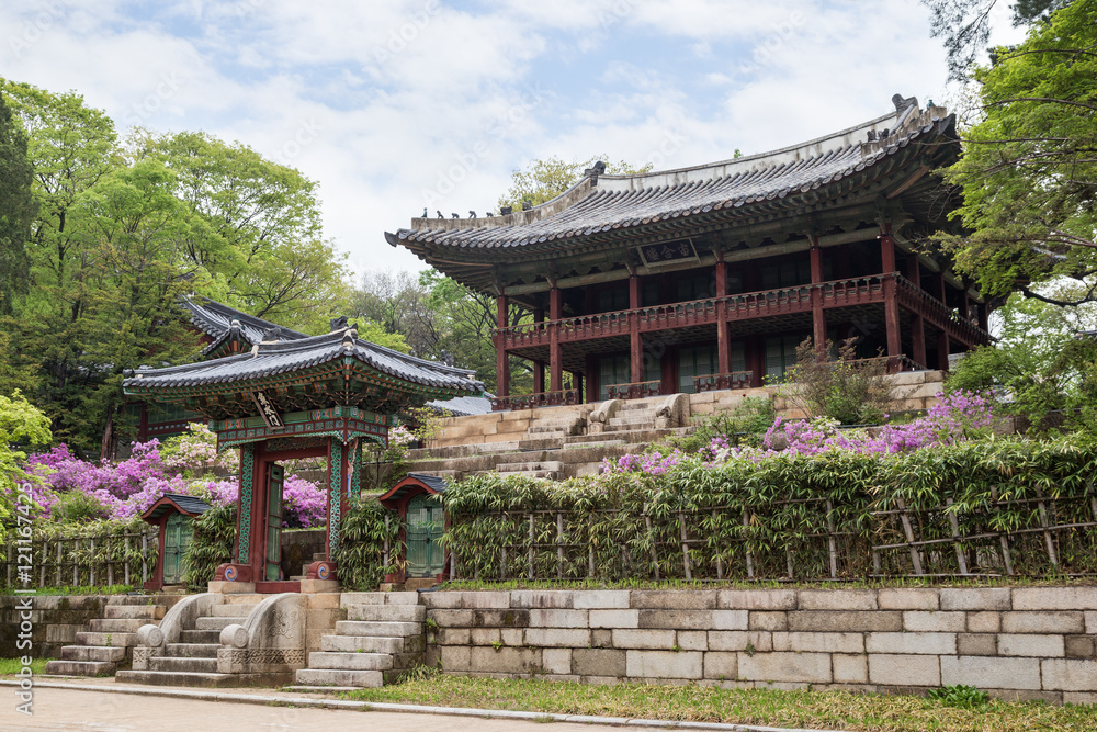 View of Juhamnu Pavilion at Huwon (Secret Garden) at the Changdeokgung Palace in Seoul, South Korea. View of Juhamnu Pavilion at Huwon (Secret Garden) at the Changdeokgung Palace in Seoul, South Korea.