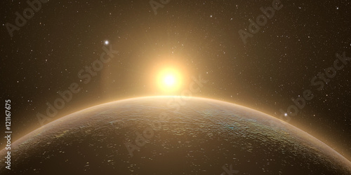 planet mercury with sunrise on the space background, 3d render.
