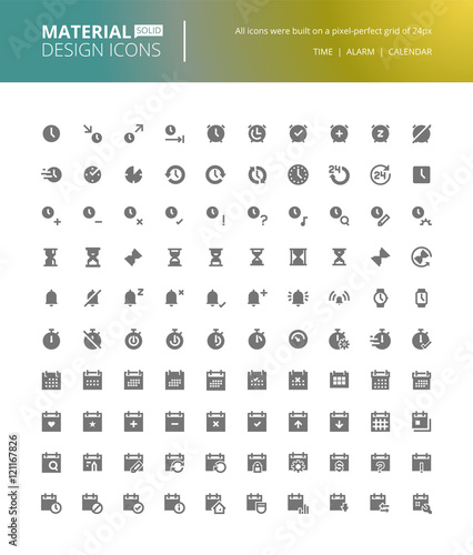 Material design solid icons set. Premium quality pixel perfect icons of time and date tools, time management, reminder and to do app.