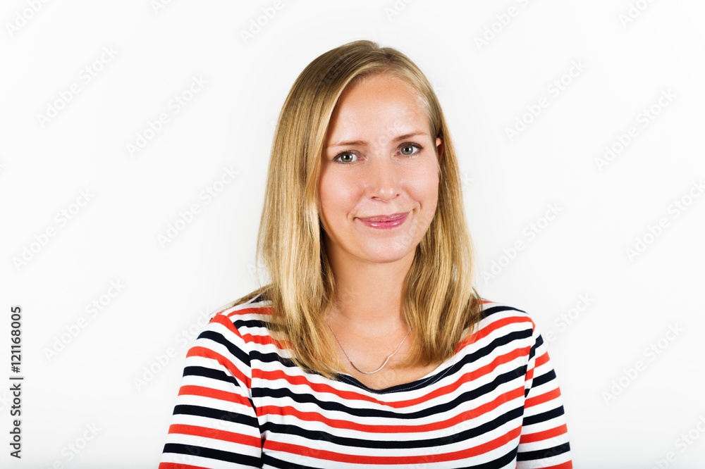 Studio shot of young blond woman wearing stripes t-shirt Studio shot of young blond woman wearing stripes t-shirt