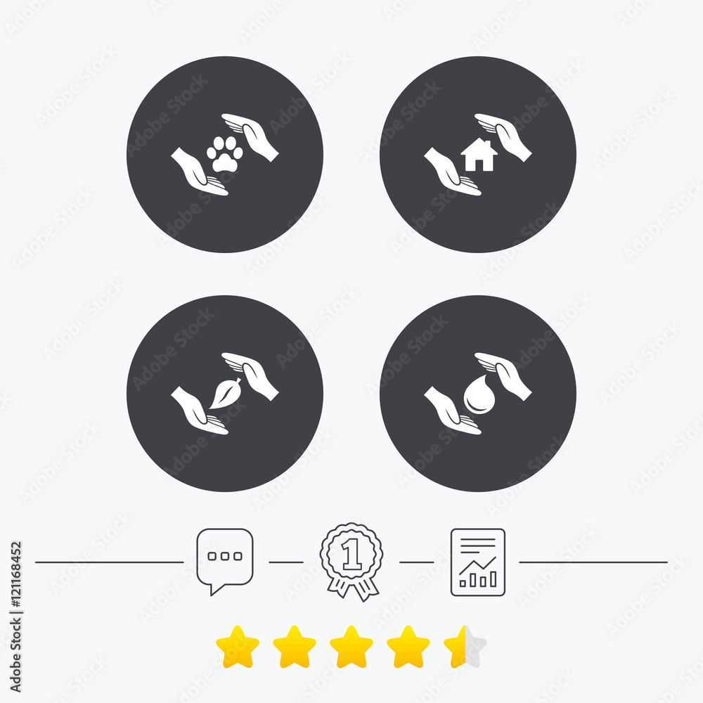 Hands insurance icons. Save water and nature. Hands insurance icons. Save water and nature.