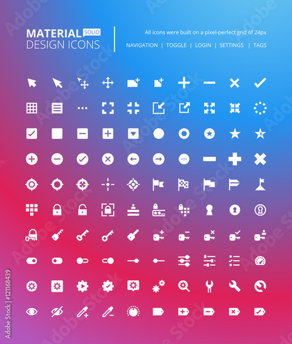 Pixel perfect solid material design icons. Set of premium quality icon for navigation, settings, buttons and toggles.