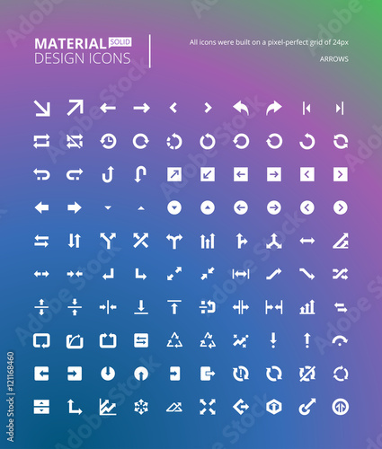 Pixel perfect solid material design icons. Set of premium quality arrow business, media and action icons.