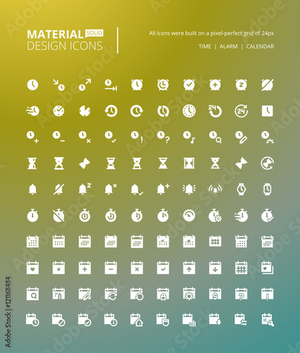 Pixel perfect solid material design icons. Set of premium quality icon for time and date, alarm, calendar, events, reminder, organization, schedule, to do list.