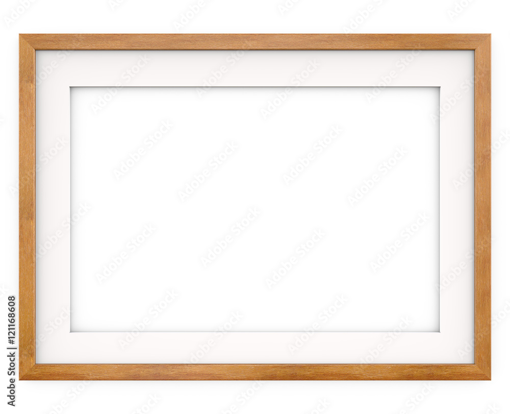 Fototapeta premium Wooden Frame. Flat Profile. 3D render of Classic Wooden Frame with white Passe-partout. Blank for Copy Space.