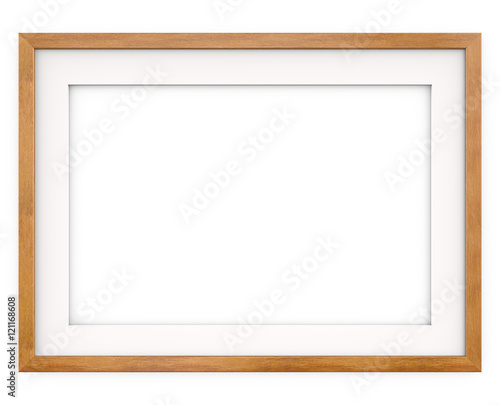 Wooden Frame. Flat Profile. 3D render of Classic Wooden Frame with white Passe-partout. Blank for Copy Space.