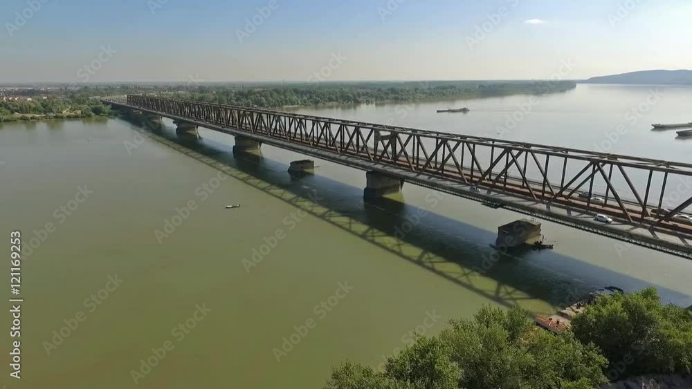 Aerial view of the Pancevo bridge.Flight over Pancevo bridge.Traffic on Pancevo bridge Aerial view of the Pancevo bridge.Flight over Pancevo bridge.Traffic on Pancevo bridge
