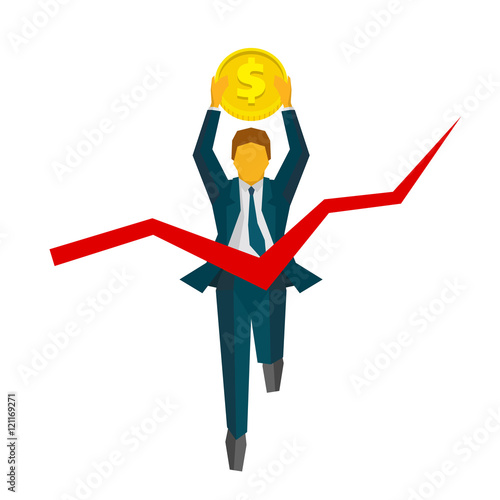Running businessman with coin crosses a finish line red ribbon