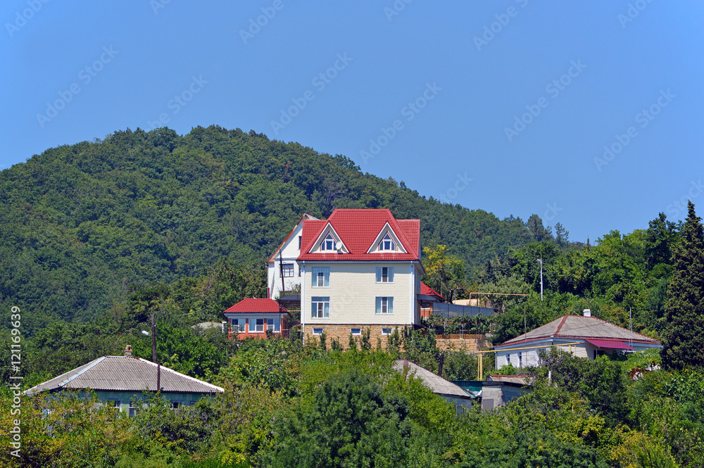 Дома на фоне горы в курортном поселке