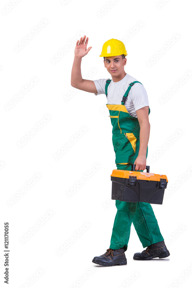 Young man with toolkit toolbox isolated on white Young man with toolkit toolbox isolated on white
