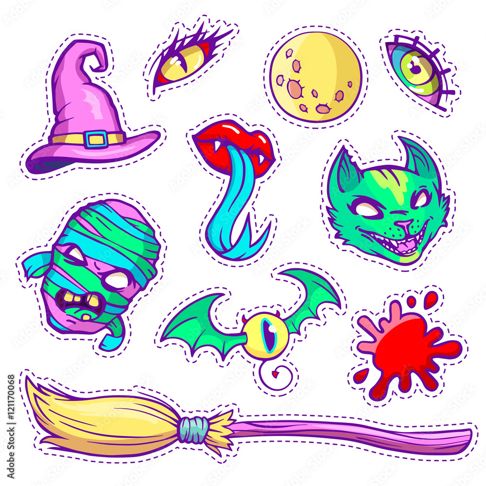 Neon patch badges of different Halloween attributes. Hand-drawn quirky  stickers in old cartoon comic style. Set with witch hat and broom, cat,  mummy, monster eyes, bloodstain, moon, lips. Stock Vector | Adobe