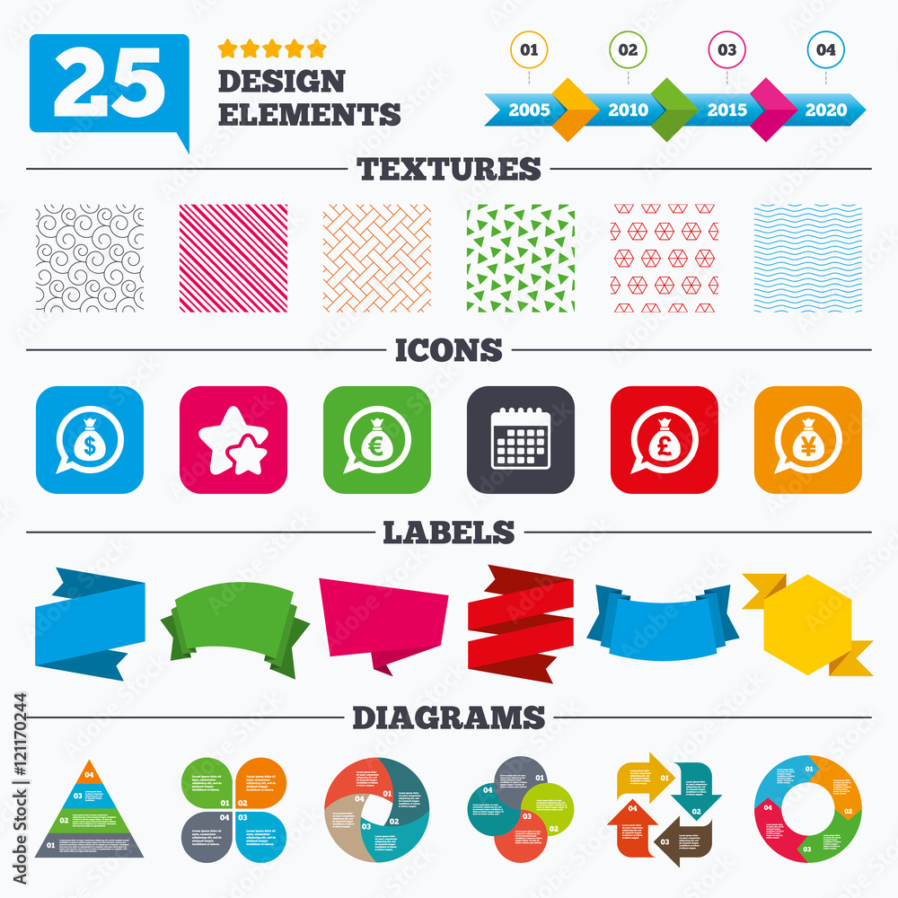 Money bag icons. Dollar, Euro, Pound and Yen. Money bag icons. Dollar, Euro, Pound and Yen.