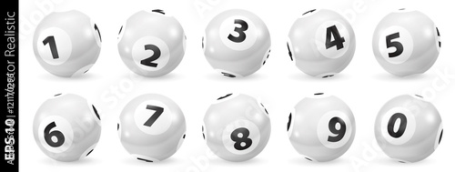 Set of Lottery Black and White Number Balls 0-9. Lottery Number Balls. Black and white balls isolated. Set of black and white balls. Realistic vector. Lotto concept. White Bingo Balls.