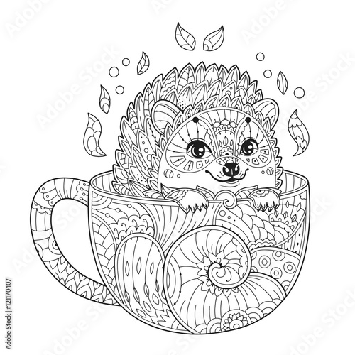 Hedgehog in cup. Adult antistress coloring page with animal in zentangle style. Doodle. Vector illustration for T-shirt print, tattoo, logo.