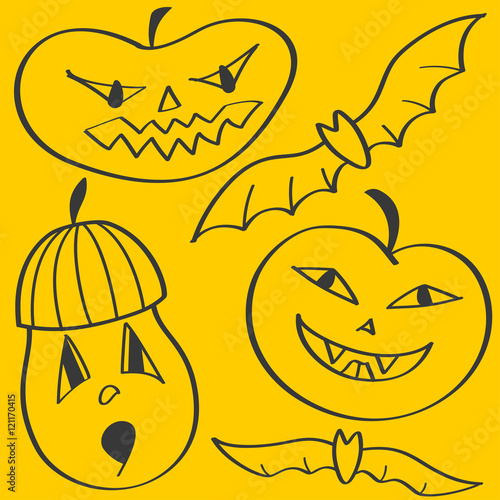 Halloween design with pumpkin and bat, pumpkin faces. Holiday elements, halloween set.