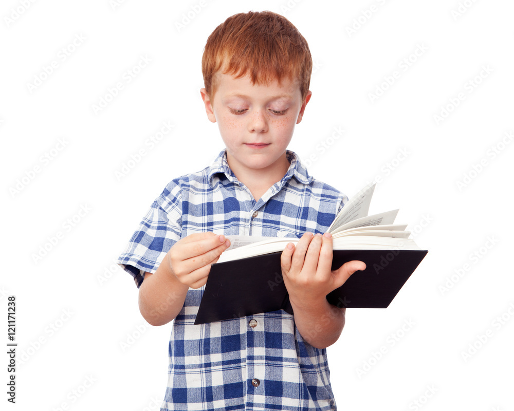 Little studious boy reading a book, isolated on white background