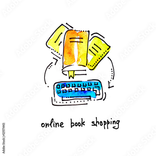 sketch watercolor icon of online book shopping, distance educati