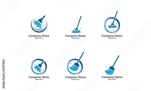 Tools Blue Cleaning Broom Set Logo Icon