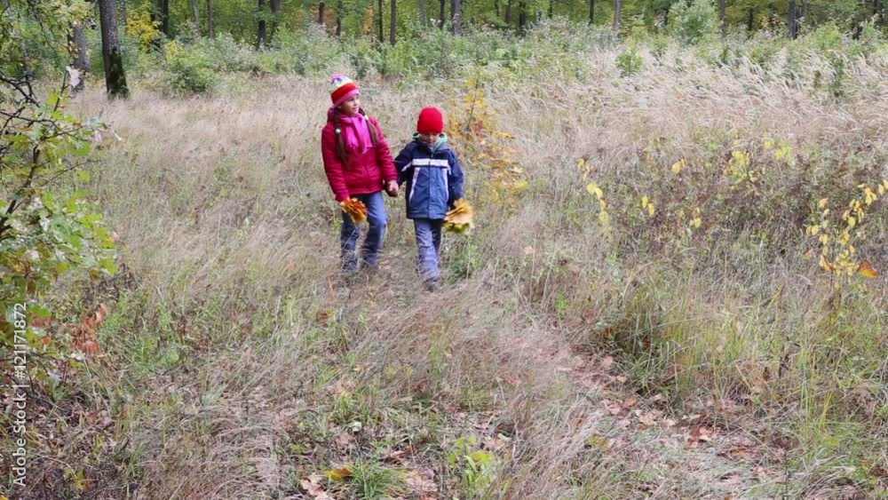 Two kids walking on autumn forest with yellow leaves Two kids walking on autumn forest with yellow leaves