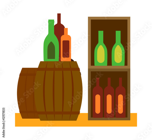 Wooden oak barrel isolated on white background. Whine barrel old wood drink container vintage keg isolated. Winery container, storage oak barrel aging vector.