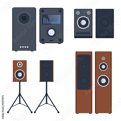 Home sound system. Home stereo flat vector music systems for music lovers. Loudspeakers player receiver subwoofer remote music systems for listening to music. Loudspeakers stereo equipment technology.