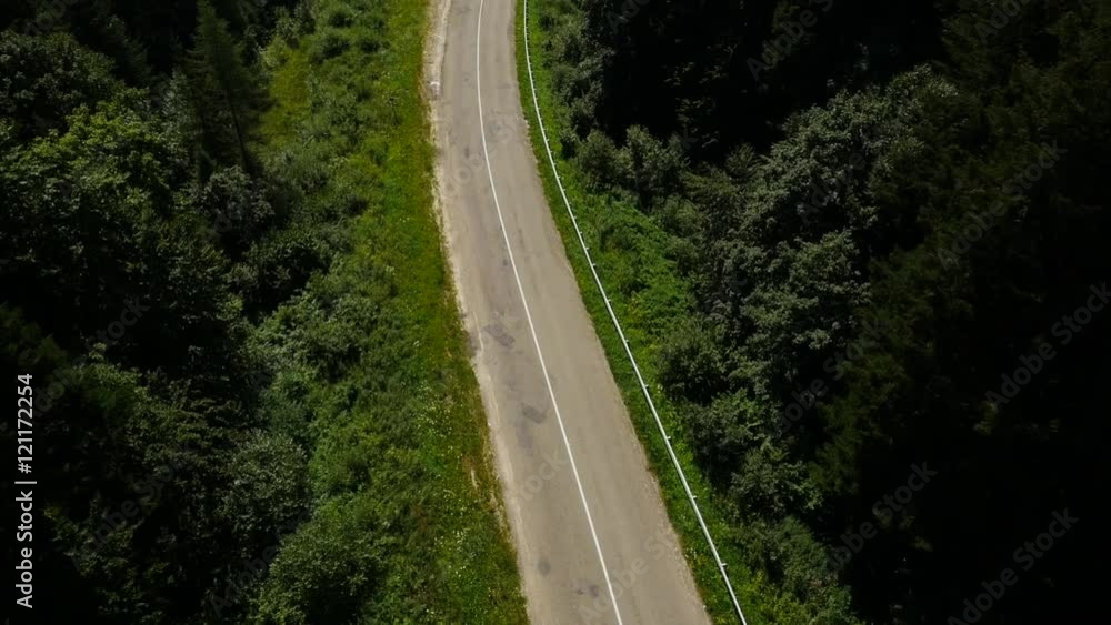 Aerial Red Car moving On The Road In The pine Forest Ukraine Aerial Red Car moving On The Road In The pine Forest Ukraine