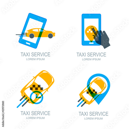 Set of vector online taxi service logo, icons and symbol. Human hand with mobile phone. Taxi app concept. Taxi cab location point. Call taxi via smartphone.