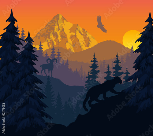 vector mountains evening landscape with puma and goat