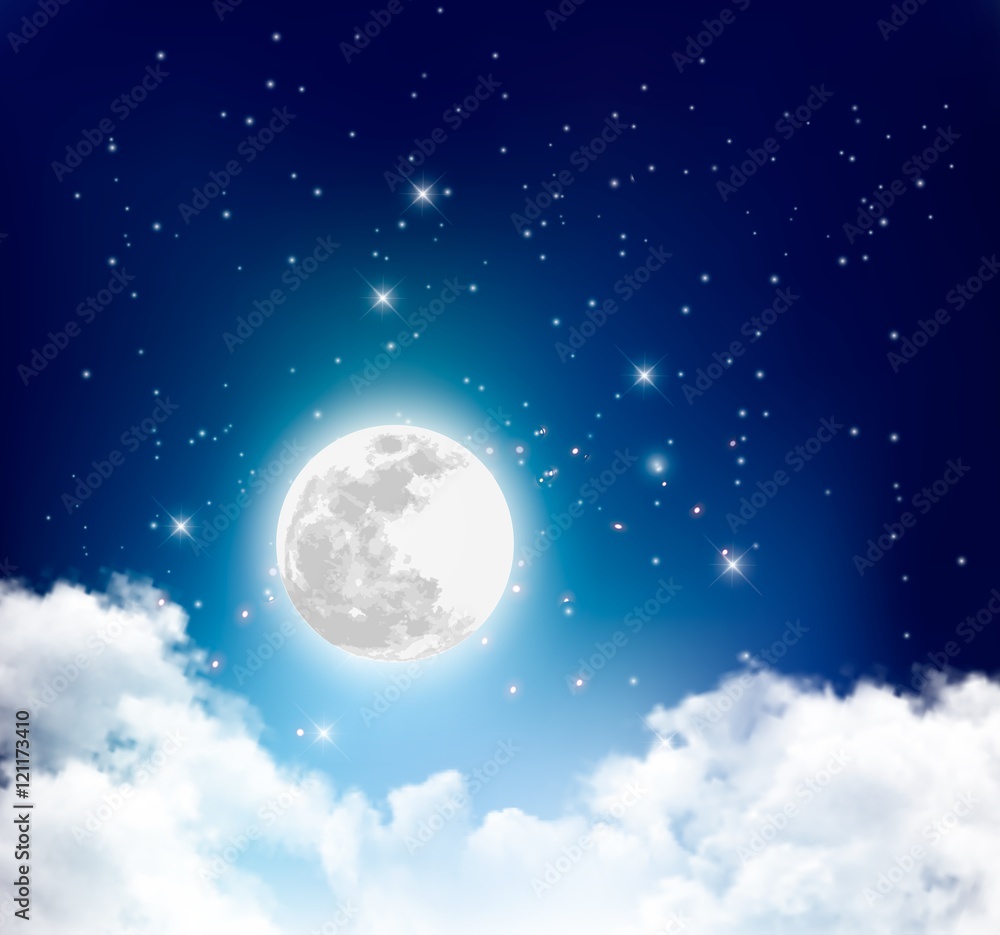 Night nature sky background with full moon, cloud and stars. Vec