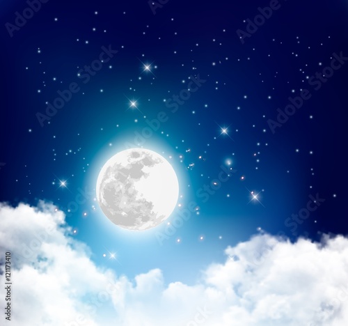 Night nature sky background with full moon, cloud and stars. Vec