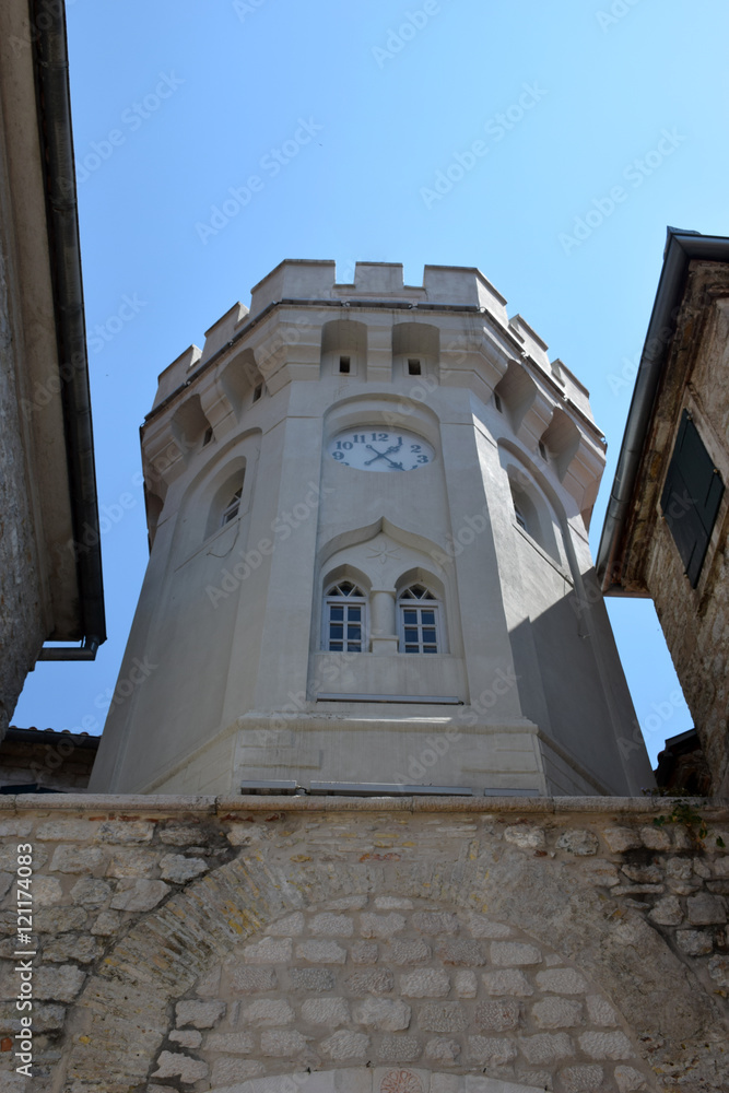 Castle clock/Clock on castle in Herceg Novi Town in Montenegro. Old Town.