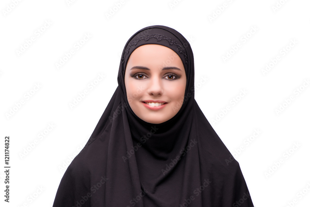 Muslim woman in black dress isolated on white