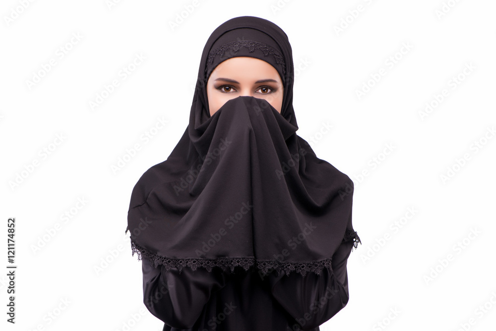 Muslim woman in black dress isolated on white Muslim woman in black dress isolated on white