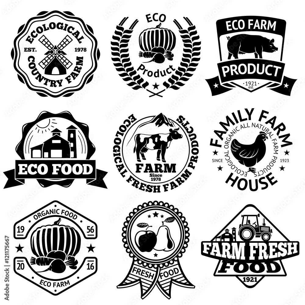 Farm food vector labels set, with mill, vegetables, pig,  house, cow, chicken, fruits, tractor.