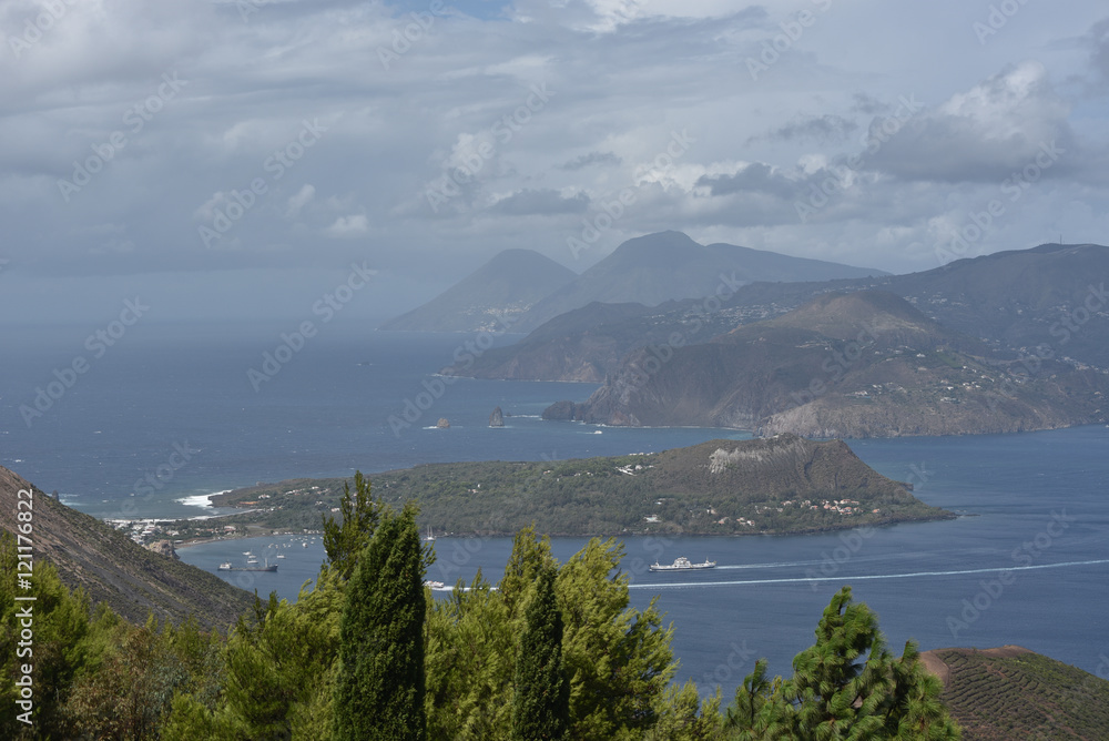 Aeolian islands view, from Capo Grillo, Volcano island, Sicily, Italy