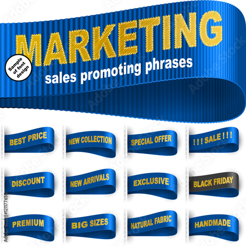 Clothes labels tags with marketing words and phrases for goods sales promotion and merchant service; Best price, Discount, Sale, Special offer, Handmade, Black friday and etc; Blue vector set Eps10