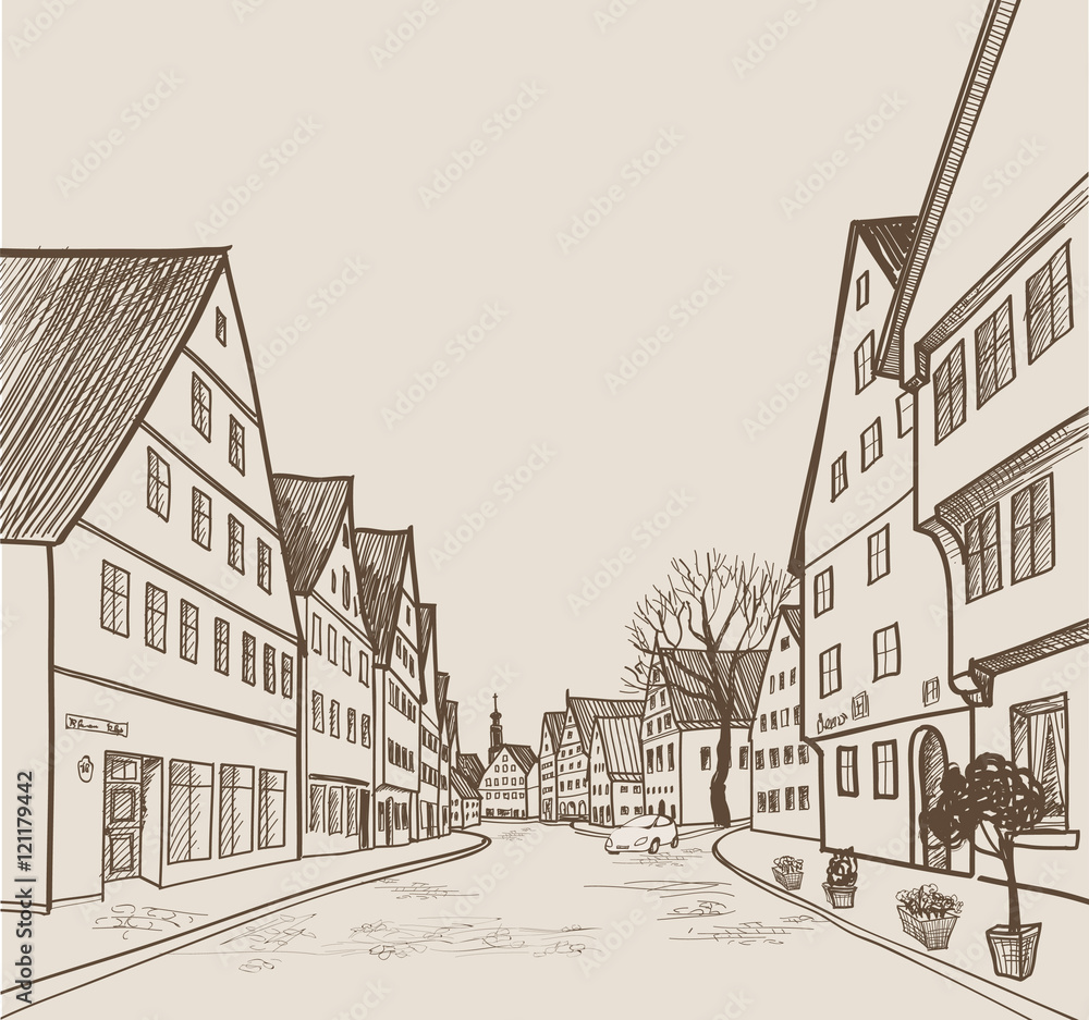 Street view in old european city. Retro cityscape - houses, buildings, tree on alleyway. Street view in old european city. Retro cityscape - houses, buildings, tree on alleyway.