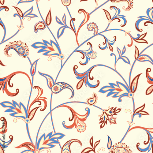 Floral seamless pattern. Flower swirl background. Arabic ornament with fantastic flowers and leaves.