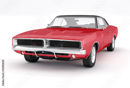 3D Isolated Red Muscle Car. 1970s American Vintage.