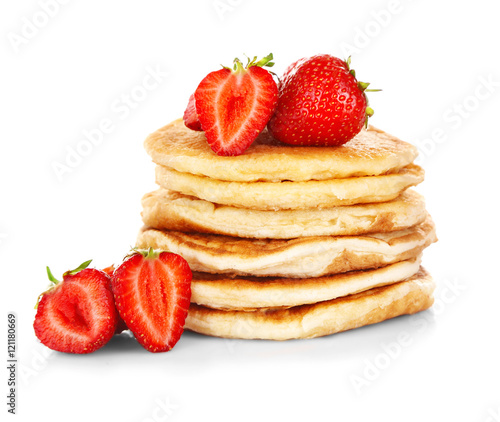Tasty pancakes with fresh berries isolated on white