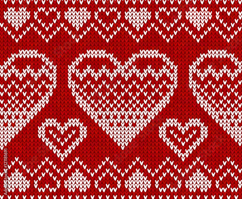 Valentines day red knitted vector seamless pattern